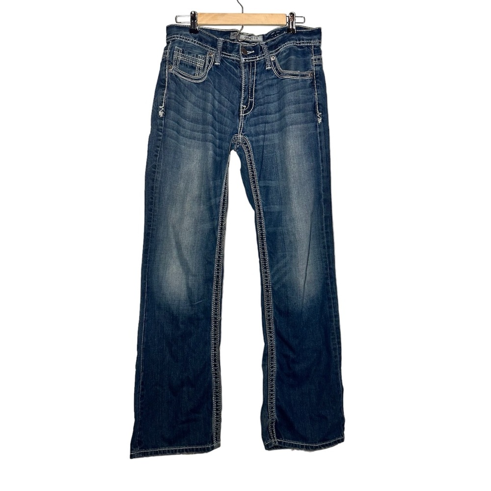 BKE Carter Jeans Men’s Dark Wash Thick Stitch Distressed Size 33x31